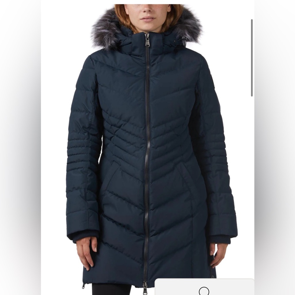 Chevron quilted puffer with detachable hood & fur trim